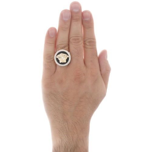 10K Yellow Gold Round Diamond Onyx Medusa Pinky Ring Mens Pave