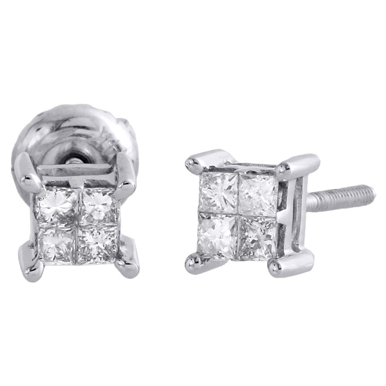 14K White Gold Princess Diamond Studs Quad Set Mini 5mm 3D