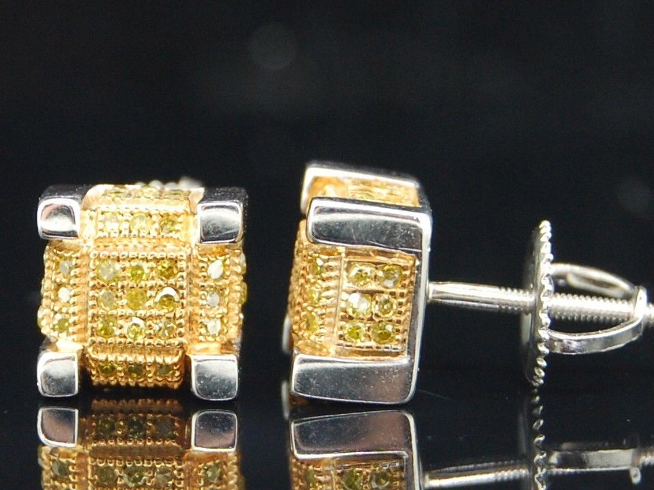 Yellow Diamond 3D Square Studs Mens 10K White Gold Cube