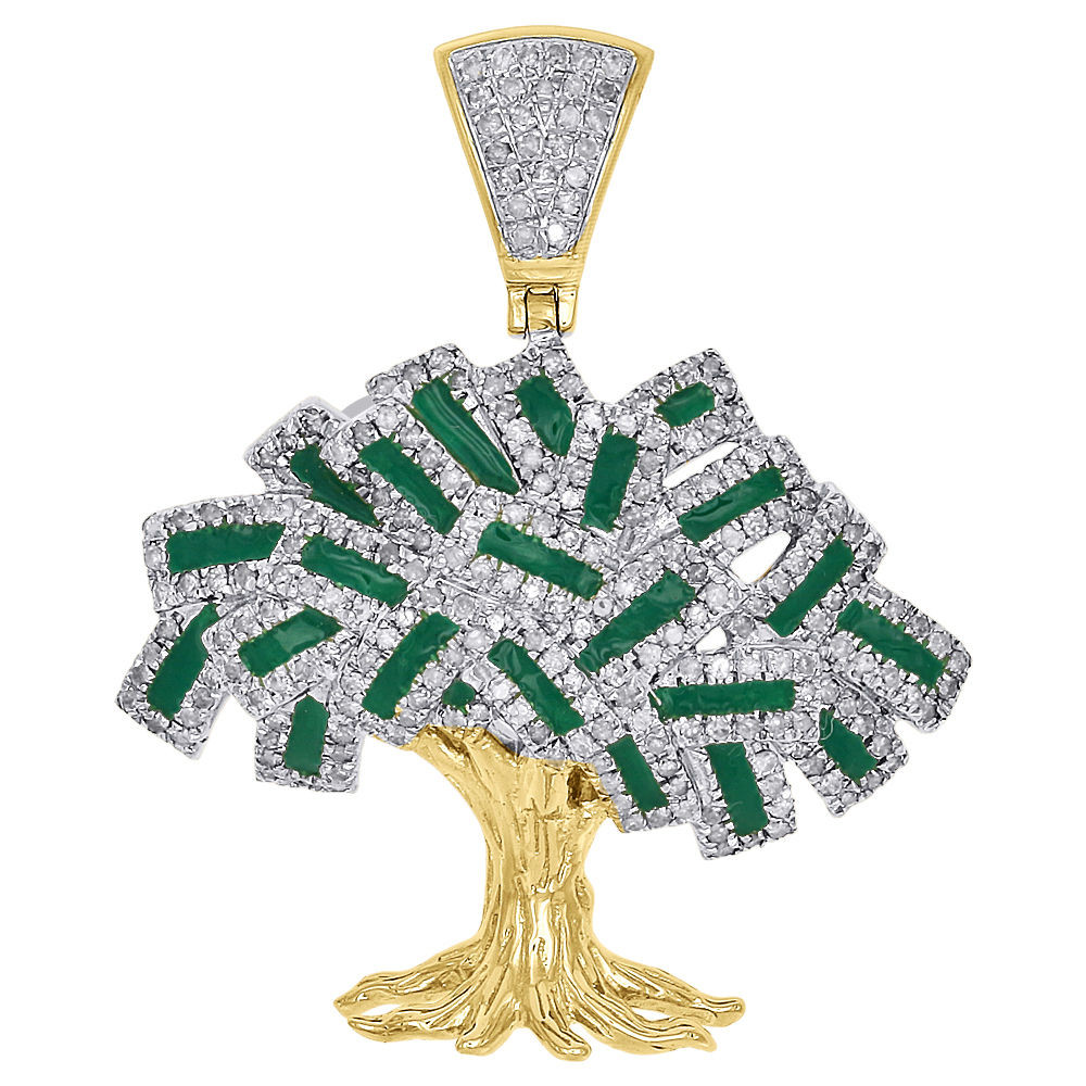 10K Yellow Gold Diamond Money Tree Pendant Green Enamel Leaf