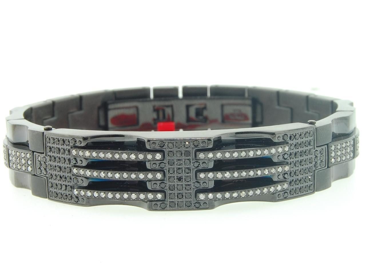 Mens Stainless Steel Genuine Black/White Diamond Bracelet Bangle