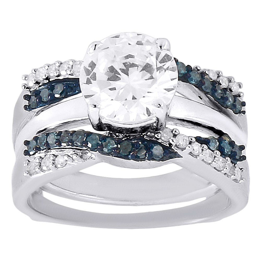 Blue White Diamond Solitaire Engagement Ring Enhancer Wrap 10K White ...