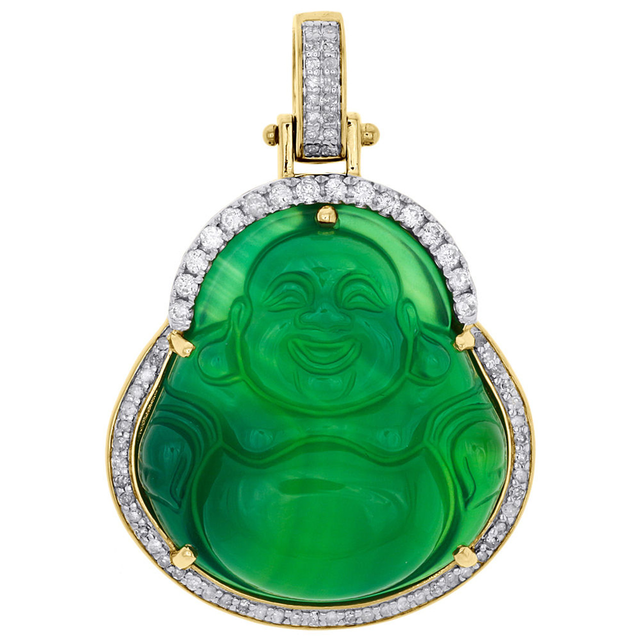 10K Yellow Gold 3D Buddha Synthetic Jade Real Diamond Pendant Pave