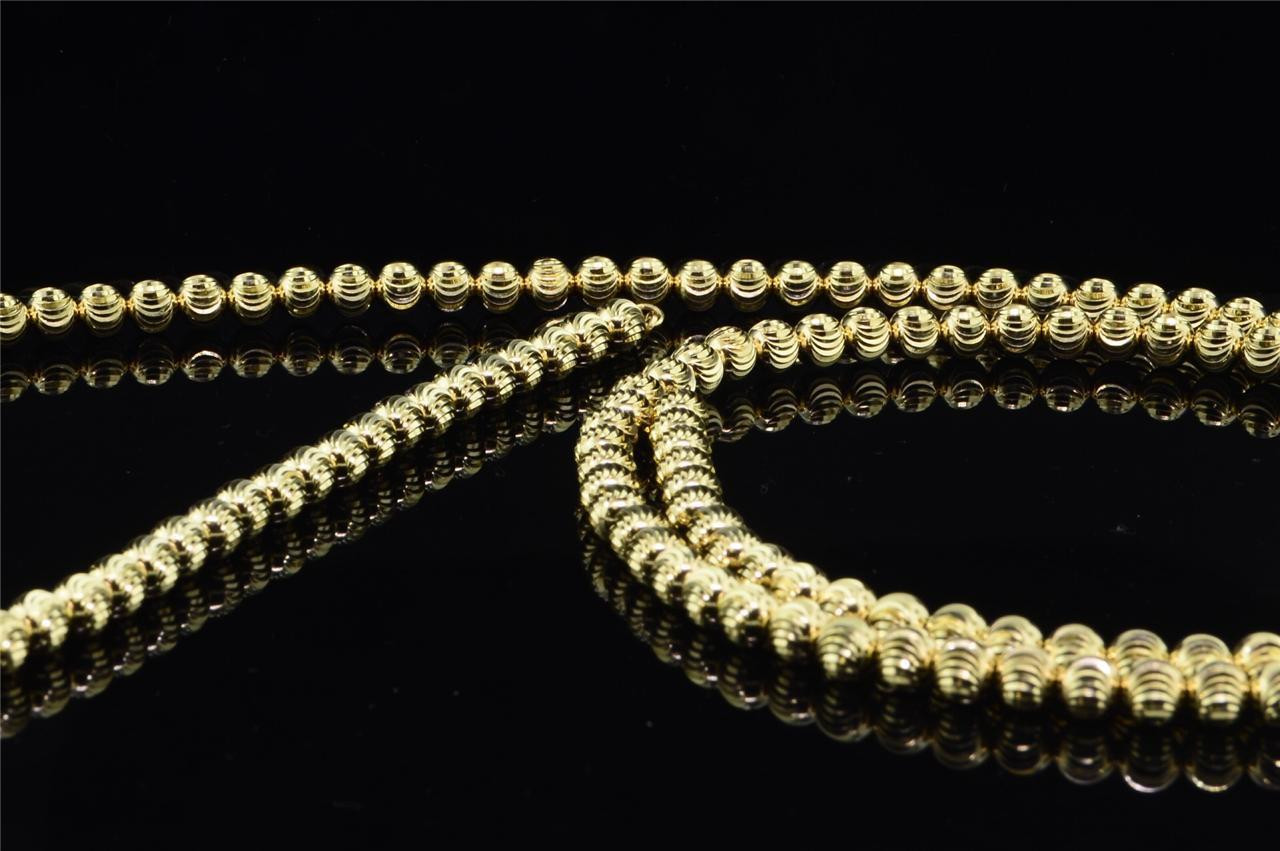 2.5mm-4mm Men's Real Solid 14k Yellow Gold Moon Cut Beaded Ball Chain  Necklace