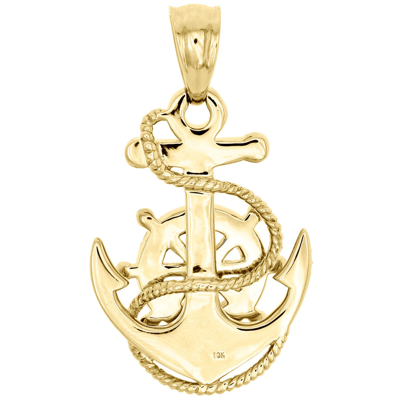 Solid 10K Yellow Gold Diamond Anchor Steering Wheel Pendant 1.90