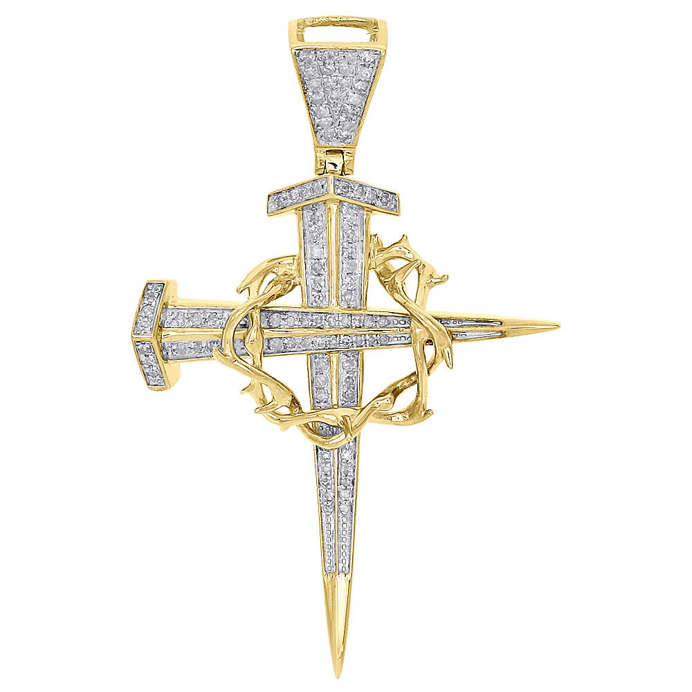 10K Yellow Gold Dagger Nail Diamond Cross Pendant Crown of Thorns