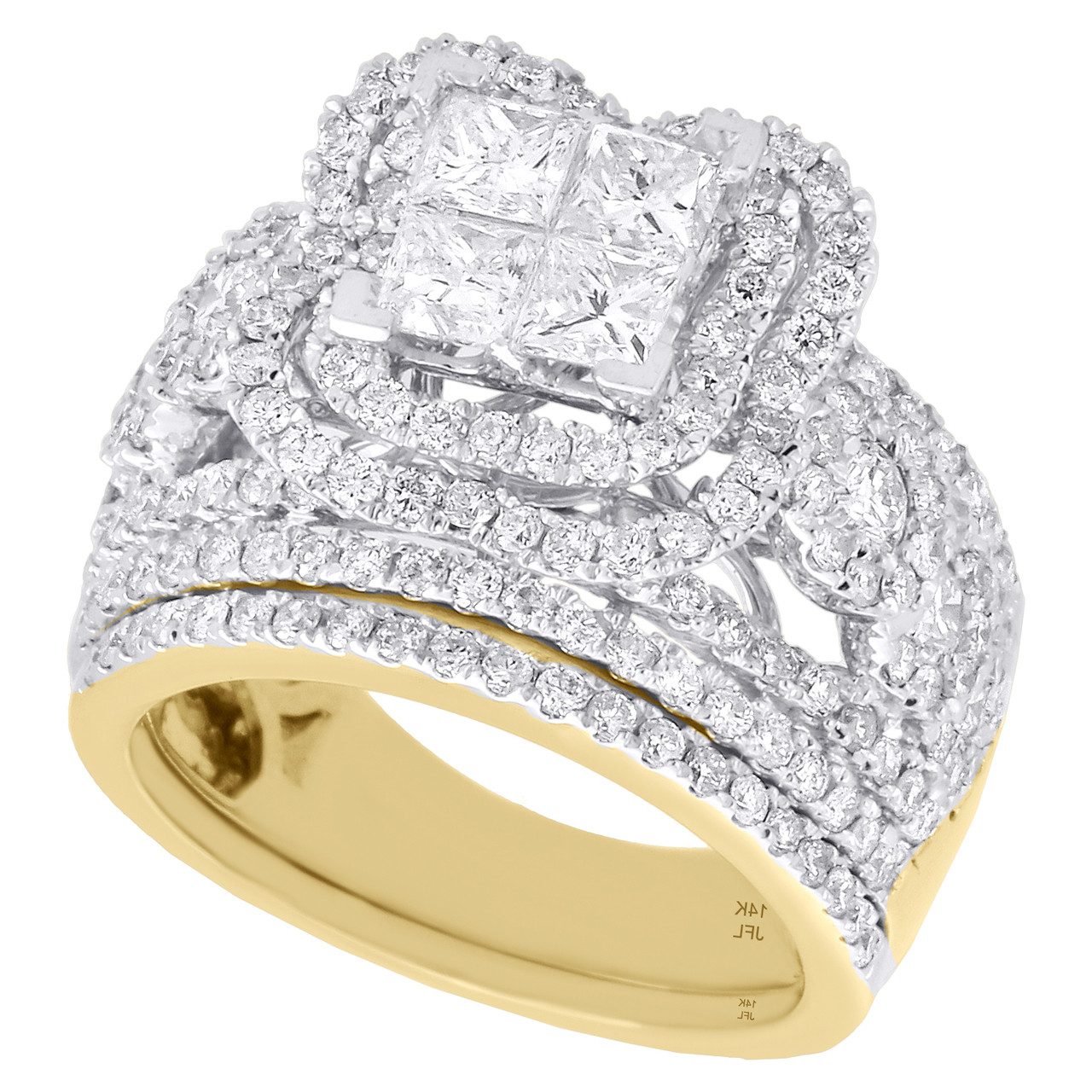 14K Yellow Gold Quad Diamond Bridal Set Engagement Ring + Wedding Band ...