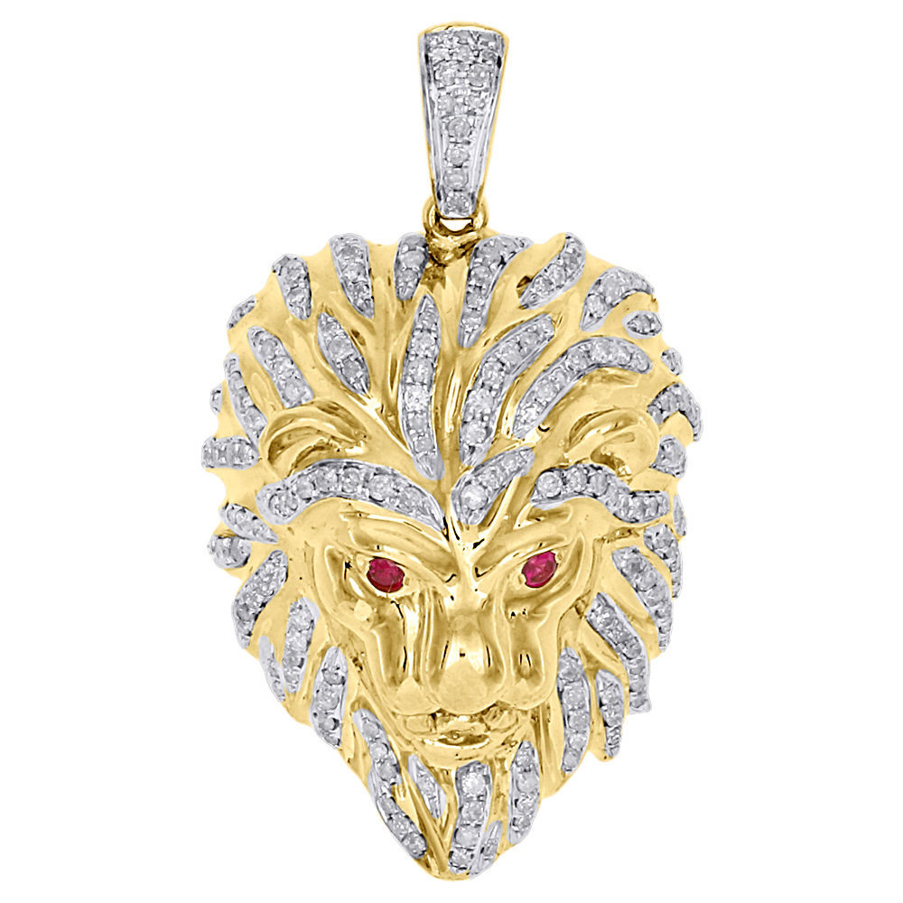 10K Yellow Gold 3D Lion Head Diamond Pendant Mens Pave King