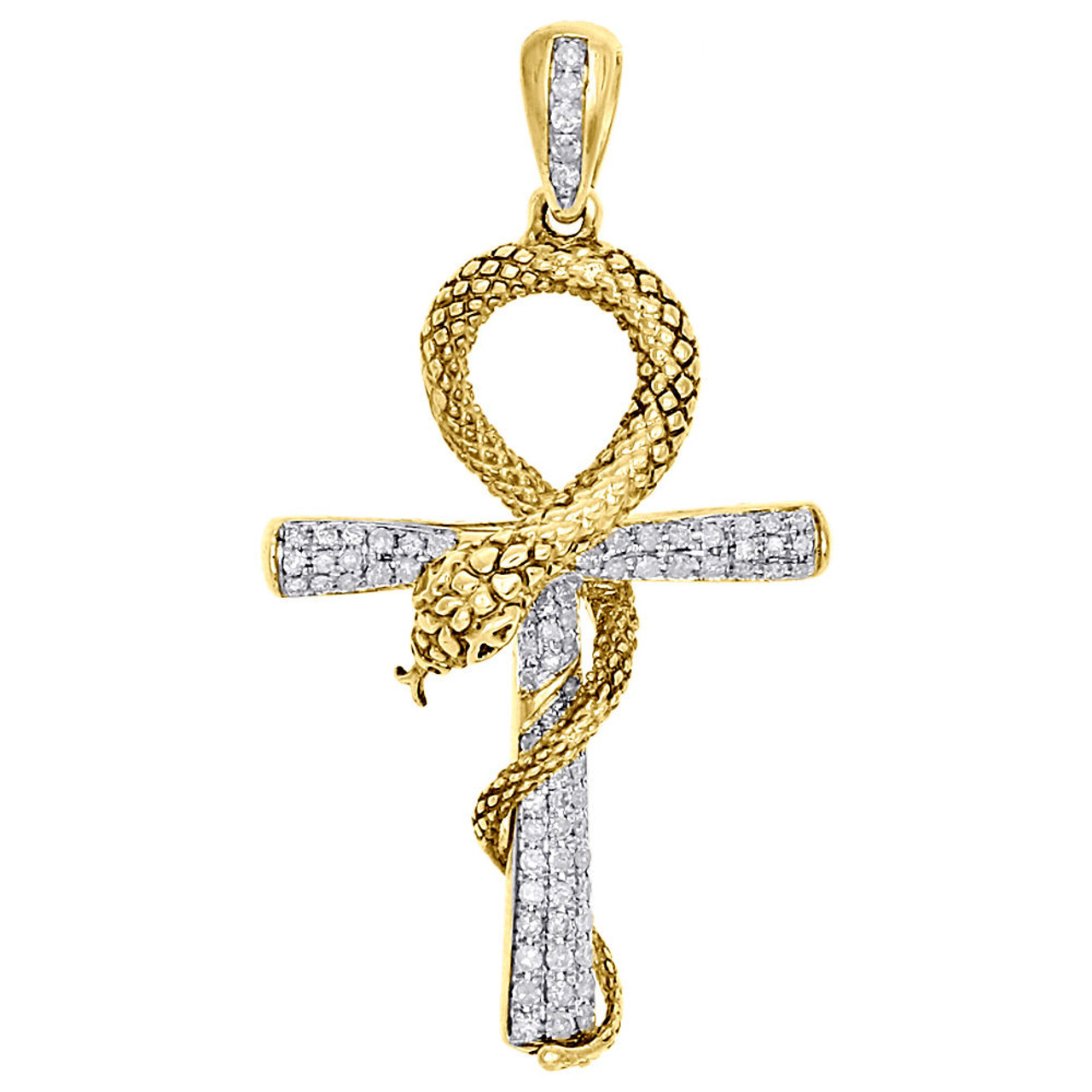 10K Yellow Gold Diamond Snake Wrapping Cross Pendant Mens