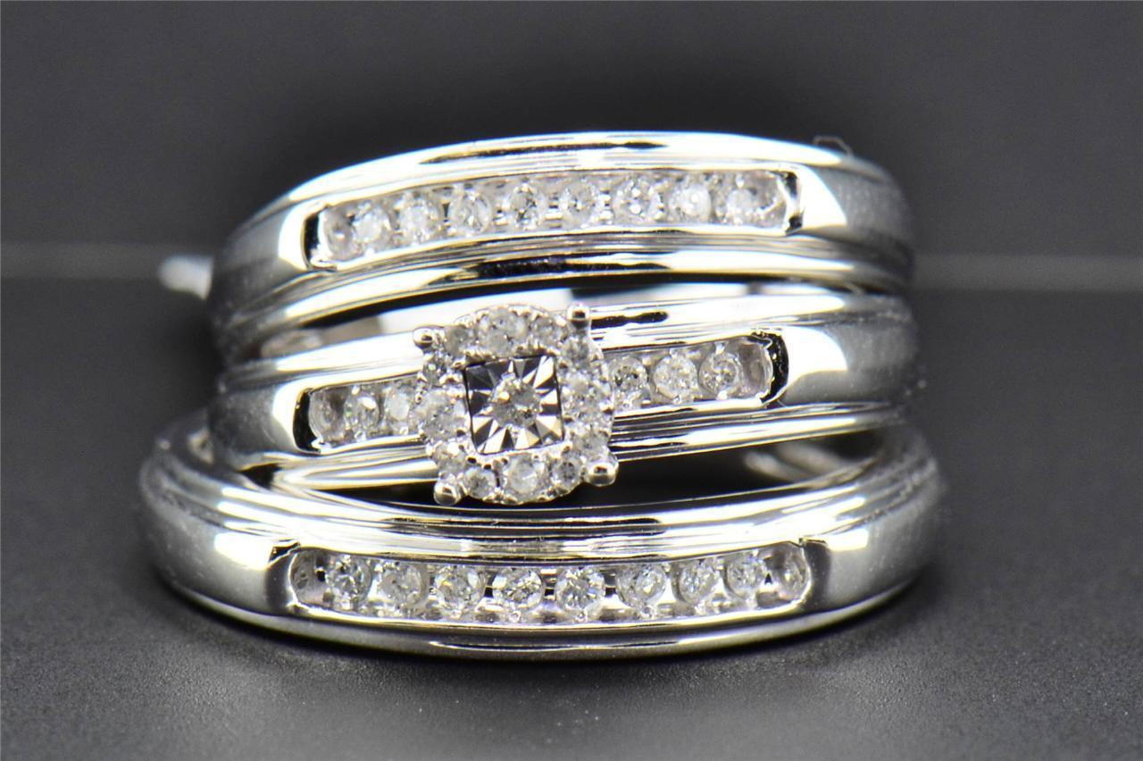 1/3ct His & Hers Diamond Trio Engagement Wedding Bridal Ring Set 10K White Gold