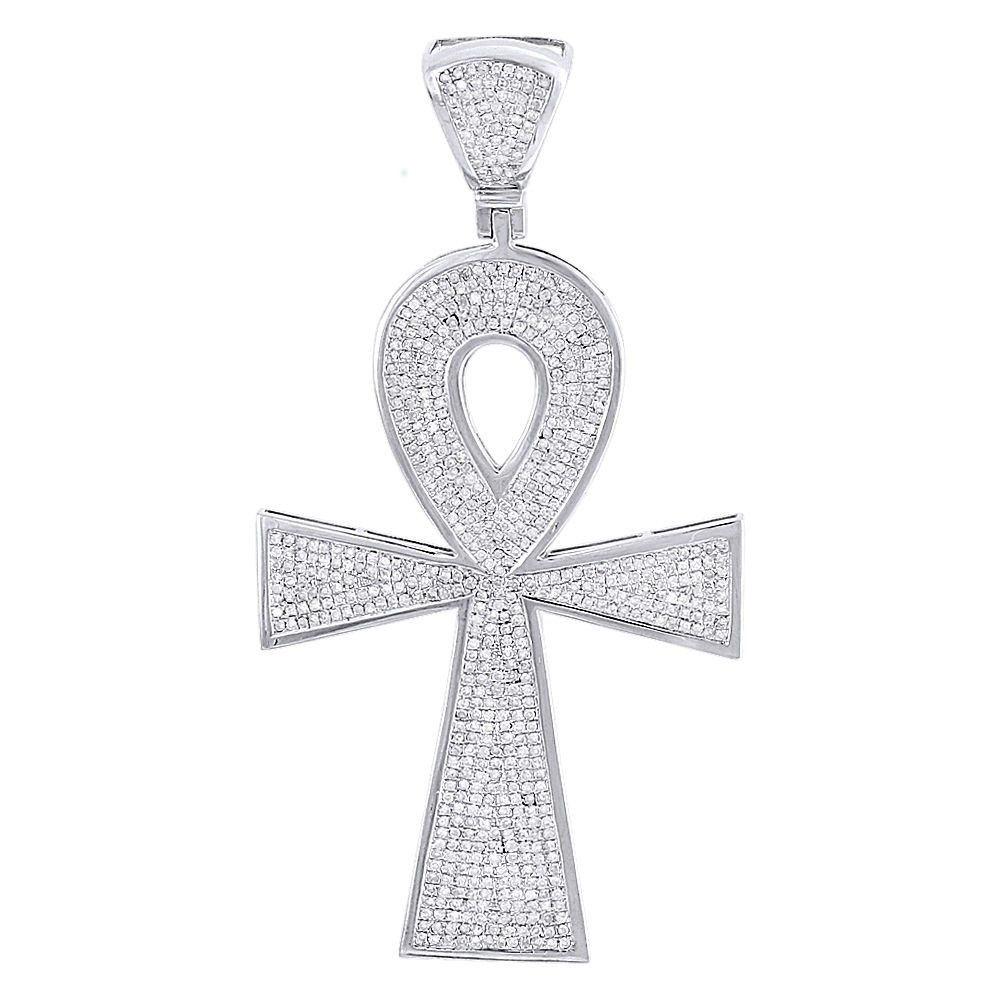Diamond Ankh Pendant Mens 10K White Gold Round Cut Egyptian Cross Charm 2.14 Ct.