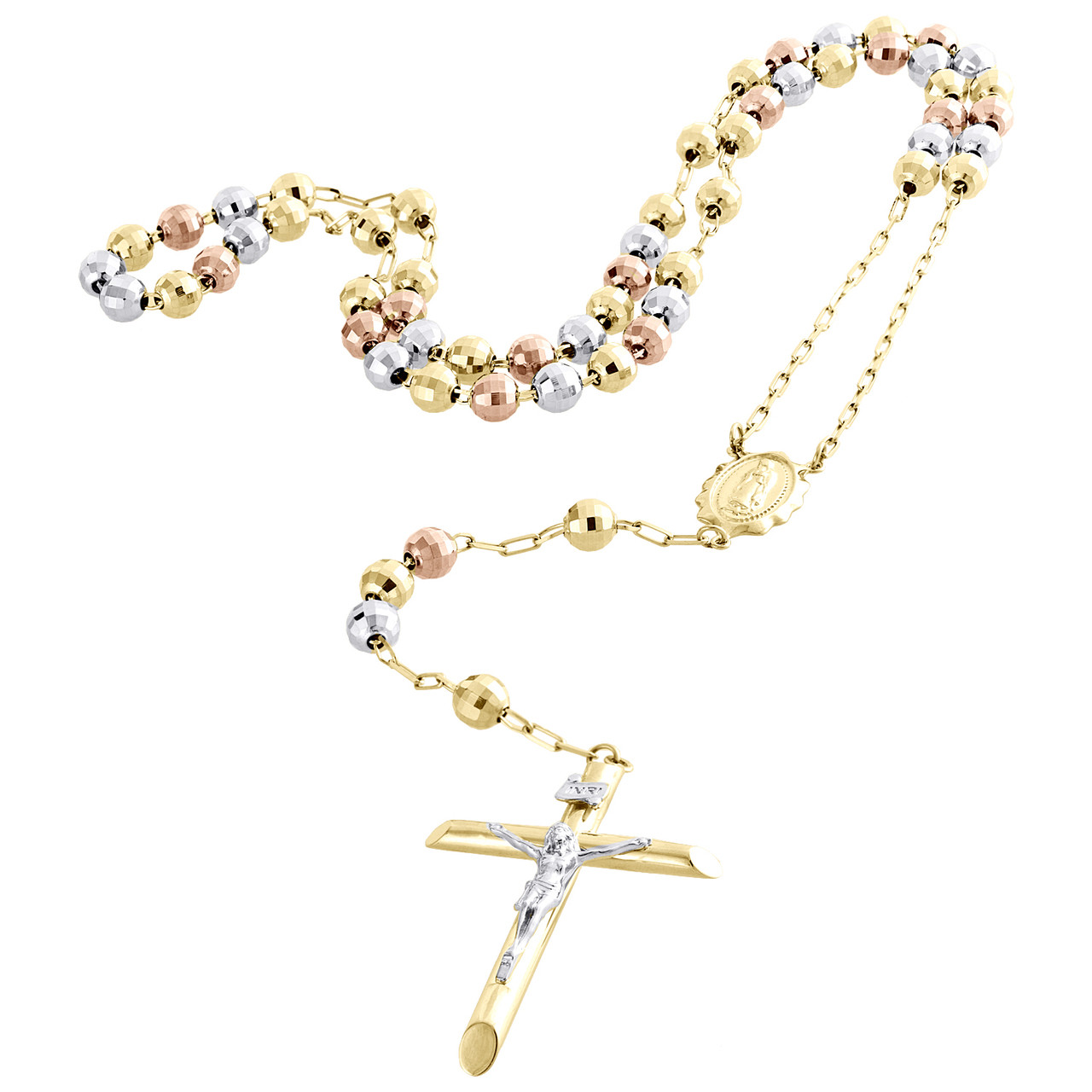 10K Yellow Gold Virgin Mary 3mm Diamond Cut Bead Crucifix Rosary Necklace  27