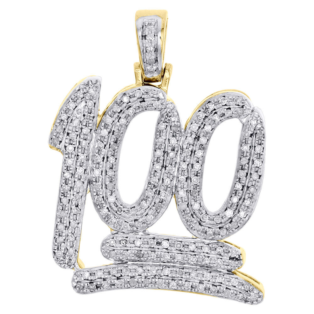 10K Yellow Gold Real Diamond 100 Emoji Logo Pendant Mini Mens 1.20