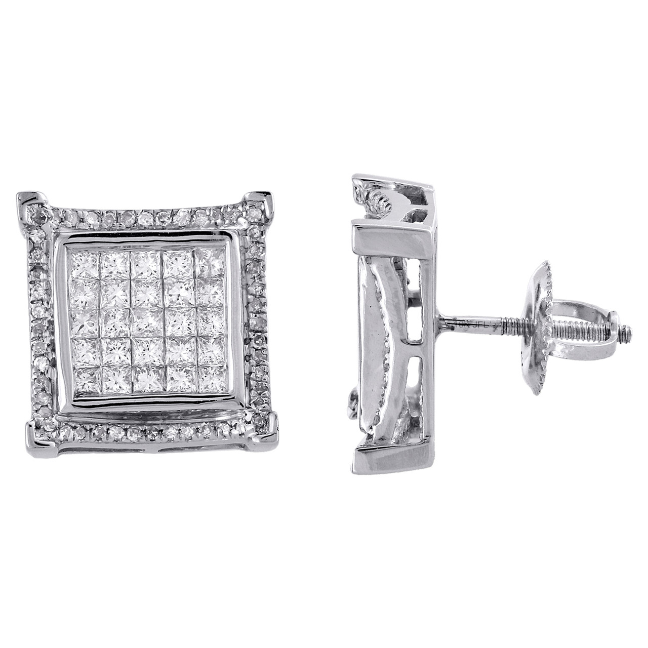 10k White Gold Princess Cut Diamond Square Frame Studs 12mm
