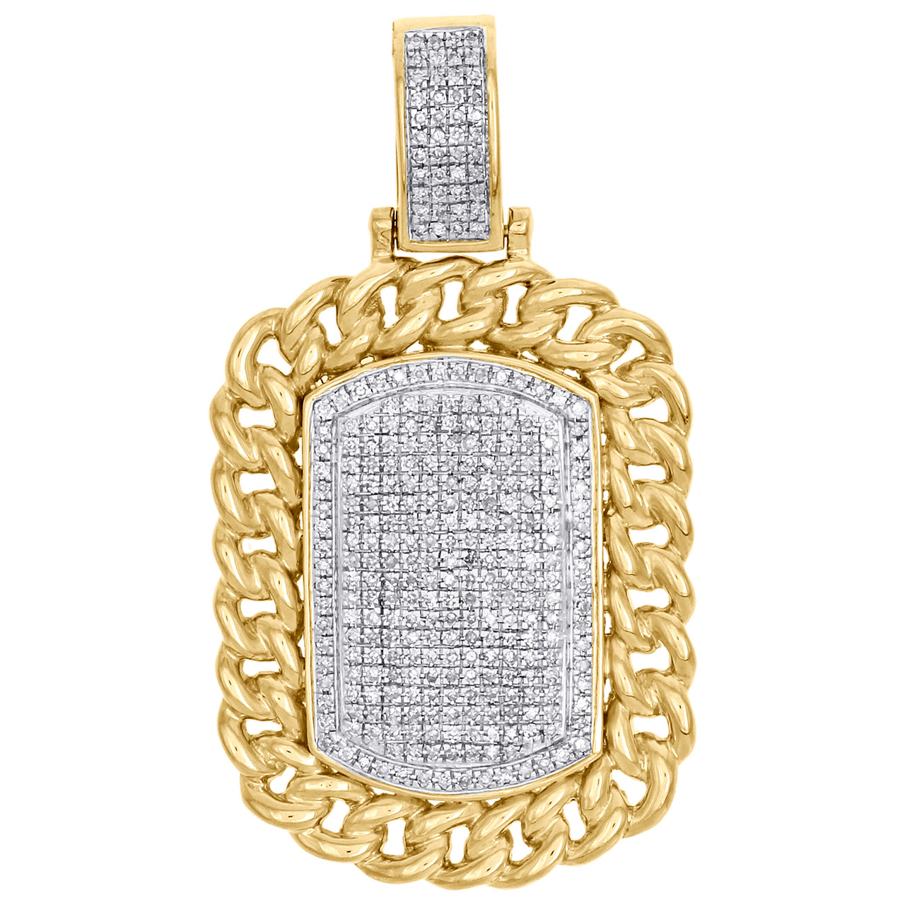 10K Yellow Gold Diamond Dog Tag Miami Cuban Border Pendant