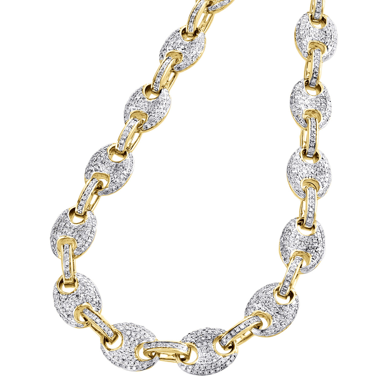 Solid 10K Yellow Gold 8mm Puff Gucci Link Diamond Chain 24