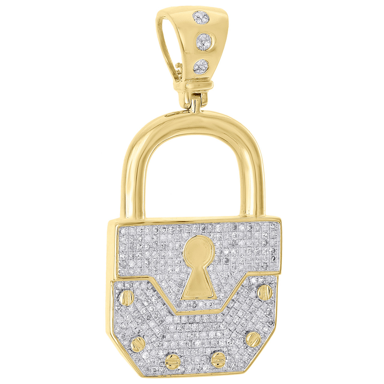 10K Yellow Gold Real Diamond Padlock & Keyhole Pendant 2.10 Pave Charm  1.42 CT.