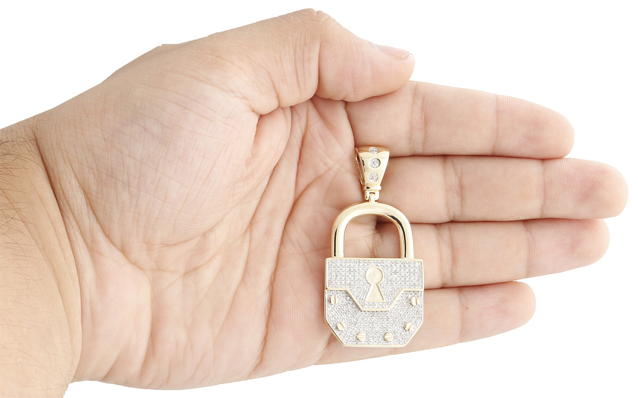 10K Yellow Gold Real Diamond Padlock & Keyhole Pendant