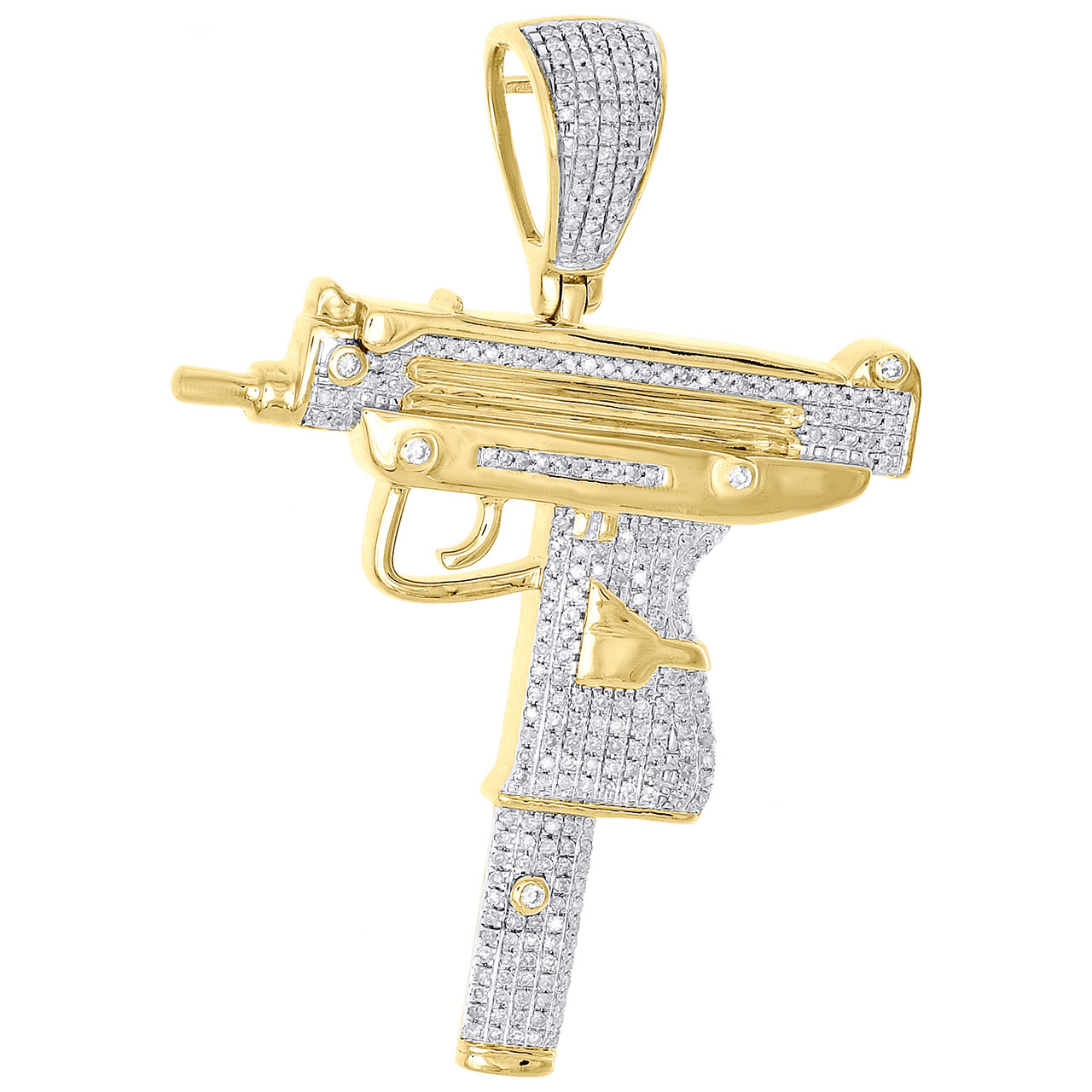 10K Yellow Gold Diamond Uzi Machine Pistol Gun Pendant 2.20" Pave Charm