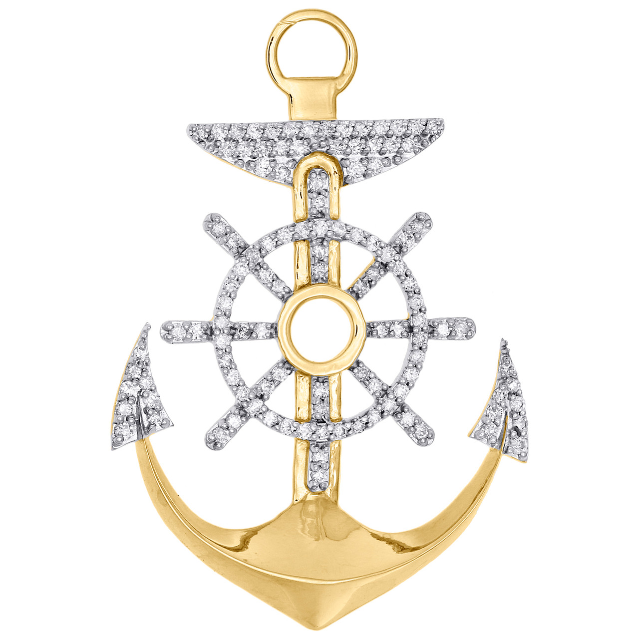 10K Yellow Gold Mens Round Diamond Ship Wheel Anchor Pendant 2.10
