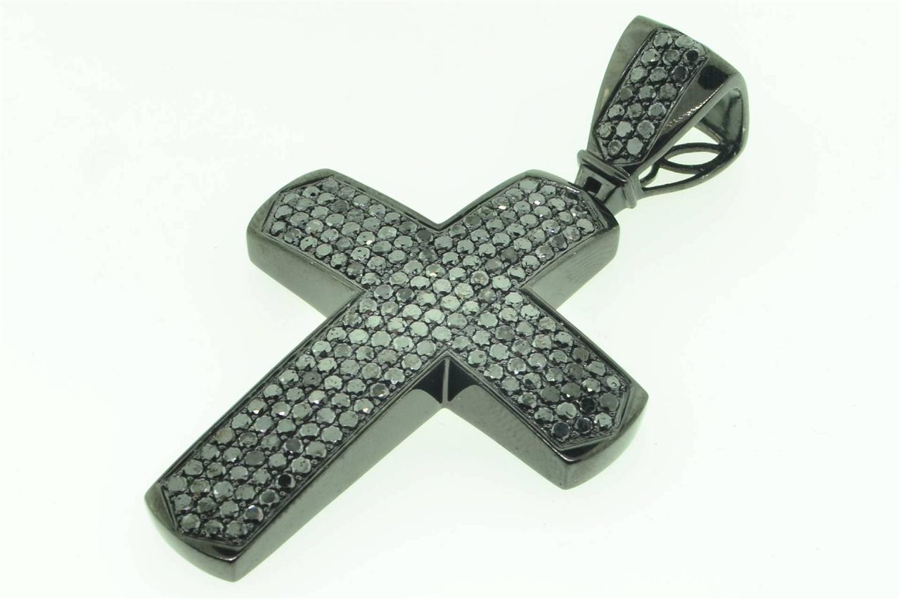 Black PVD .925 Sterling Silver Mens Black Diamond Cross Pendant