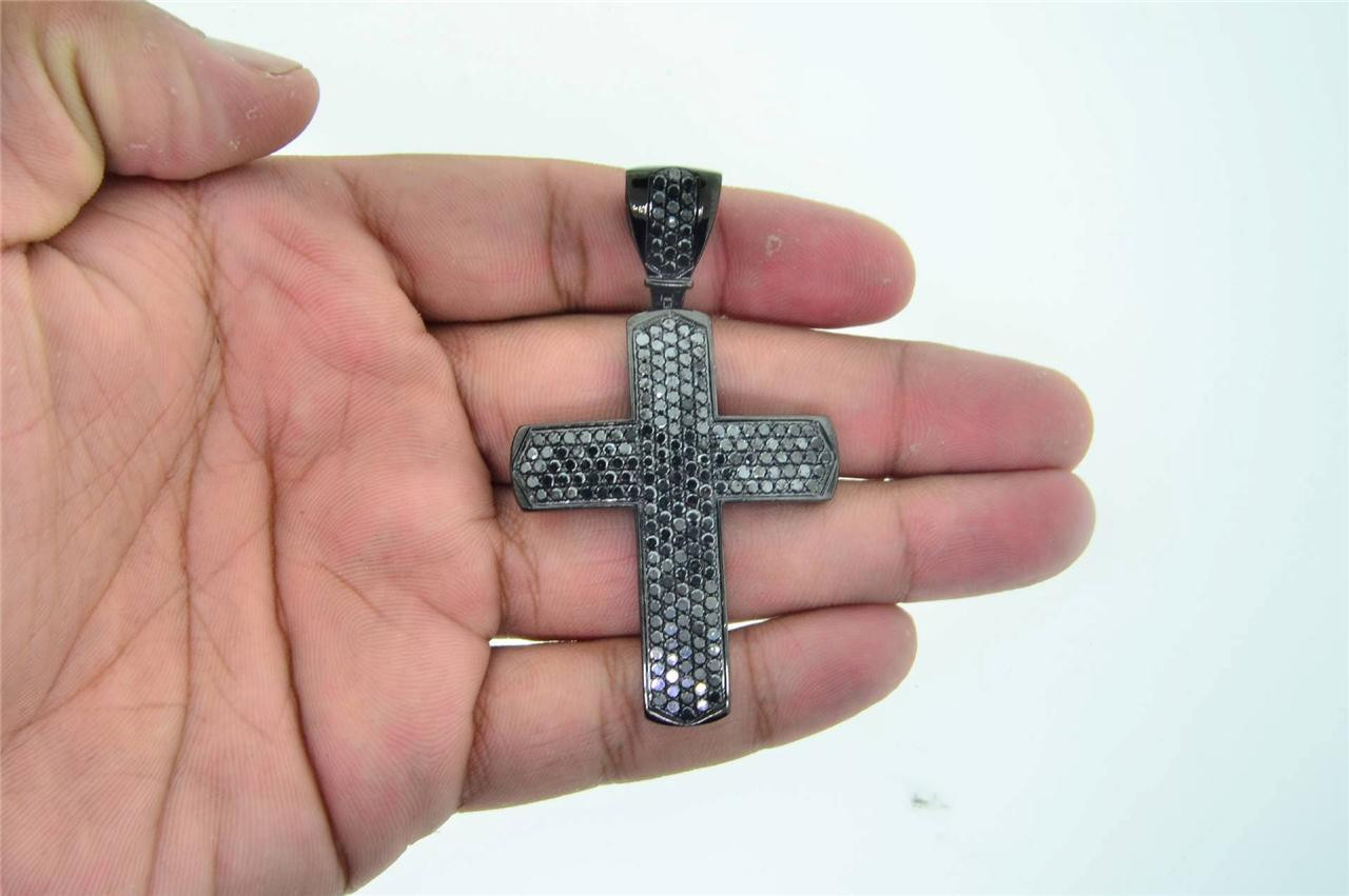 Black PVD .925 Sterling Silver Mens Black Diamond Cross Pendant