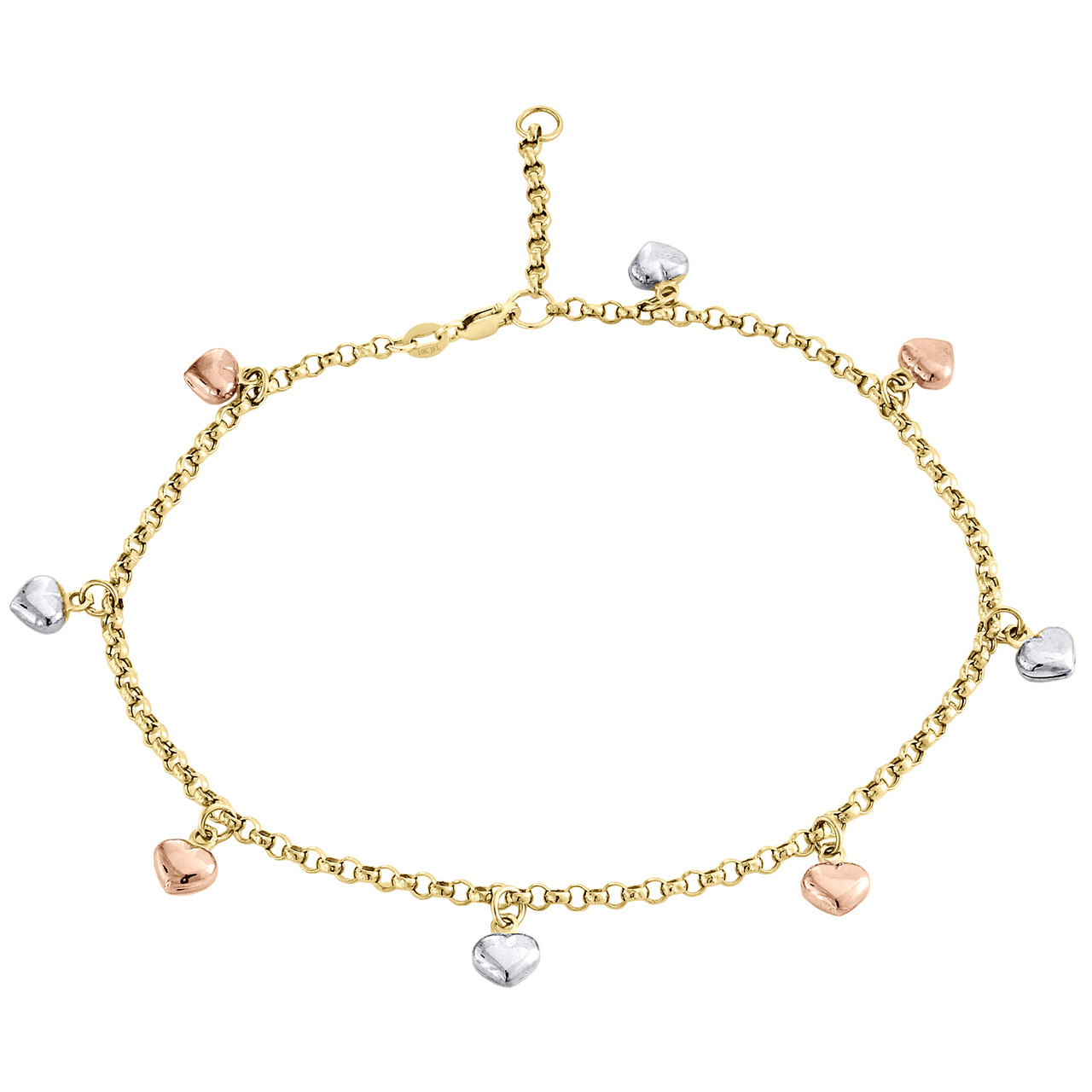 10K Rose White Yellow Gold Rolo Link Puff Heart Charm