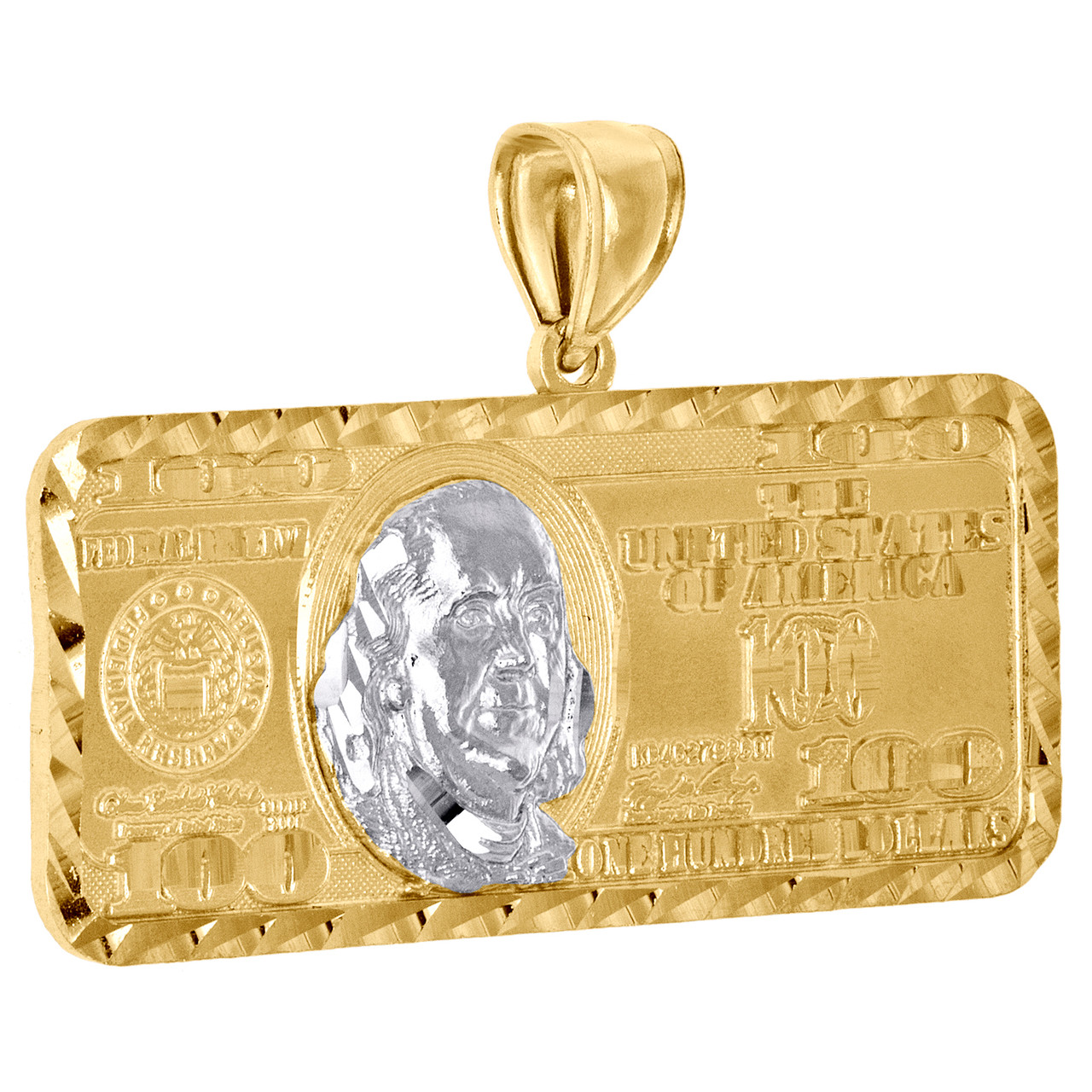 10K Yellow Gold $100 Hundred Dollar Bill Benjamin Franklin Pendant Charm  1.50