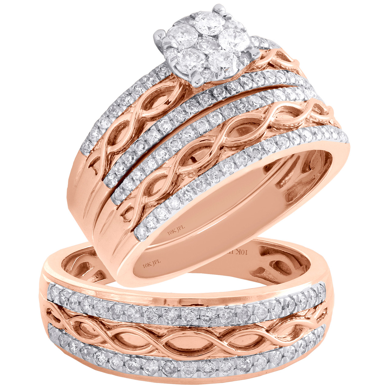 10K Rose Gold Diamond Flower Infinity Bridal Set + Wedding Bands Trio Set 1  CT.