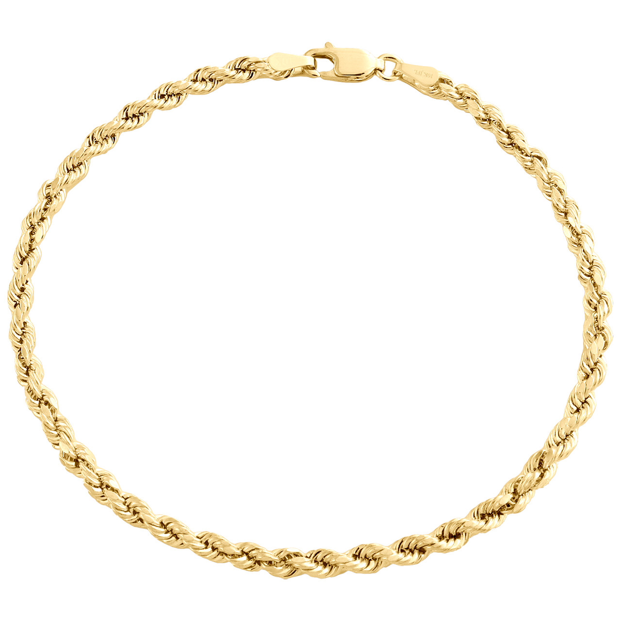 10K Yellow Gold 3mm Hollow Diamond Cut Rope Link Bracelet Lobster