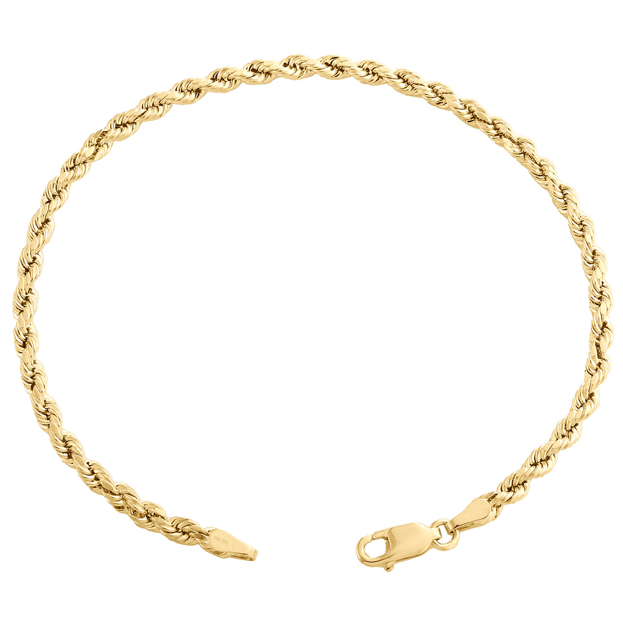 10K Yellow Gold 3mm Hollow Diamond Cut Rope Link Bracelet Lobster