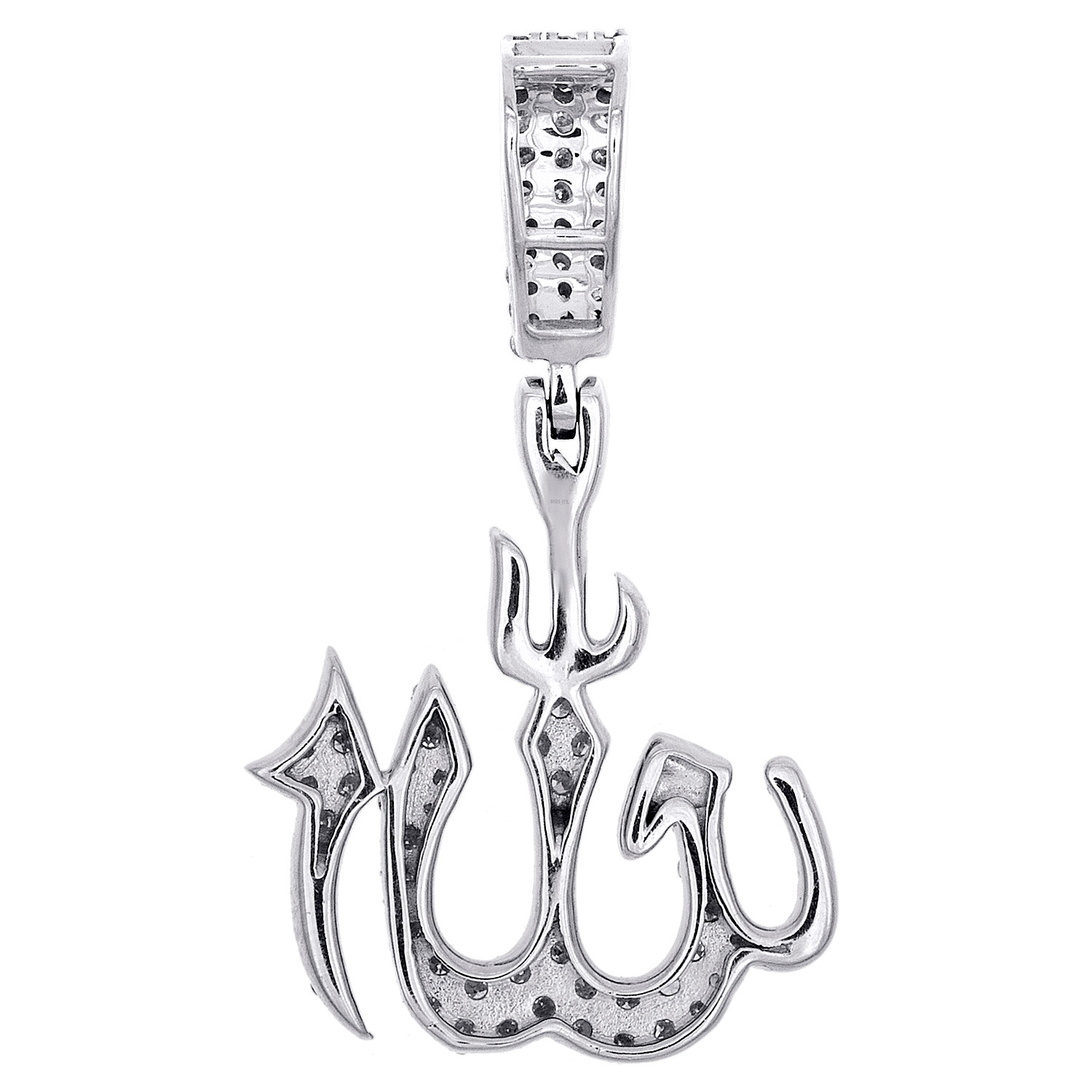 Sterling Silver & Diamond Islamic Arabic Script Allah Pendant 1.20" Charm 5/8 CT JFL Diamonds