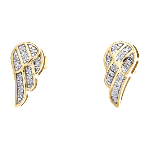 boucles d'oreilles pavées pour hommes en or jaune 10 carats avec diamants et ailes d'ange, cadre de 13 mm, 0,07 ct.