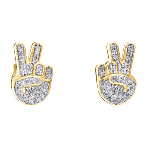 10K Yellow Gold Diamond Peace Sign Studs 13mm Frame Mens Pave Earrings 0.14 CT.