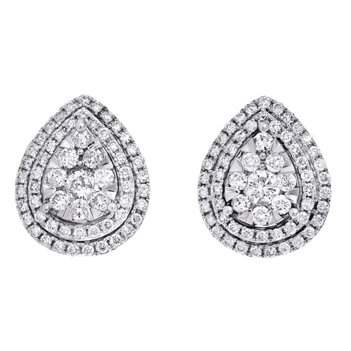 14K White Gold Real Round Diamond Teardrop Stud 11mm Cluster Halo Earrings 1 CT.
