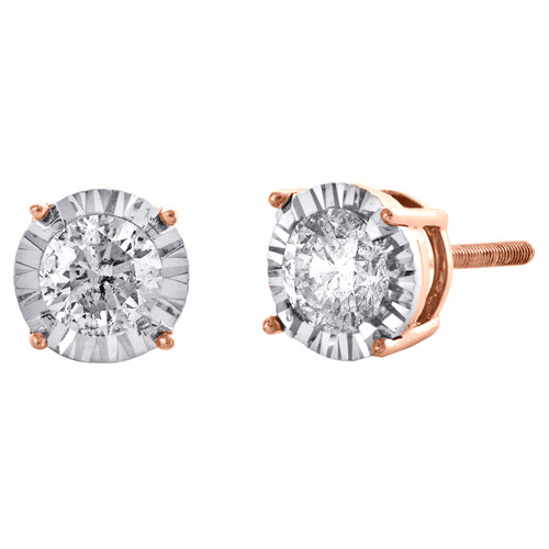 10K Rose Gold Round Cut Diamond 4 Prong Stud 6.50mm Miracle Set Earrings 3/4 CT.