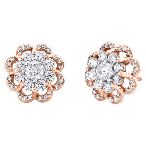 14K Rose Gold Round Cut Diamond Flower Solitaire Stud 10.75mm Halo Earrings 1 CT