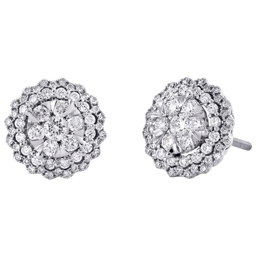 14K White Gold Round Diamond Double Flower Halo Stud 11mm Cluster Earrings 1 CT.