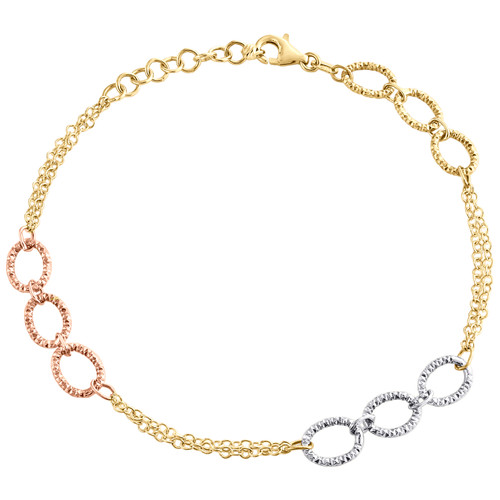 14 Karat dreifarbiges Gold, 6,50 mm lange Kabelkette, strukturiertes ovales italienisches Gliederarmband, 20 cm