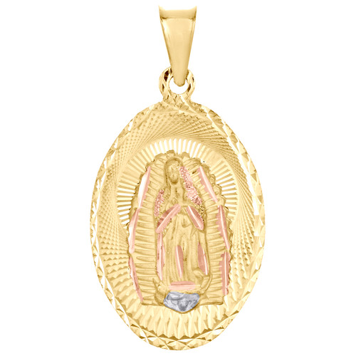 14K Tri-Color Gold Diamond Cut Textured Mother / Virgin Mary Oval Pendant 1.30"