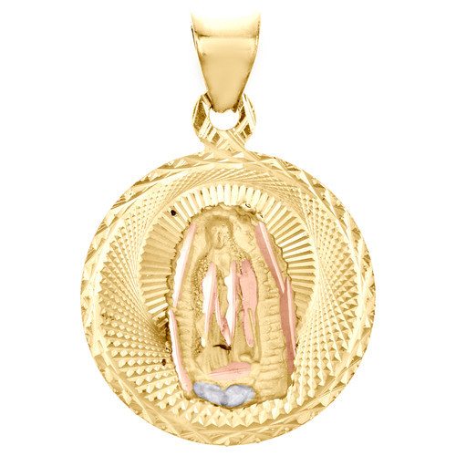 14K Tri-Color Gold Diamond Cut Texture Mother / Virgin Mary Pendant Charm 0.90"