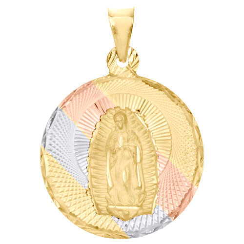 dije colgante de madre/virgen María con textura de talla diamante en oro tricolor de 14k, 1,25"