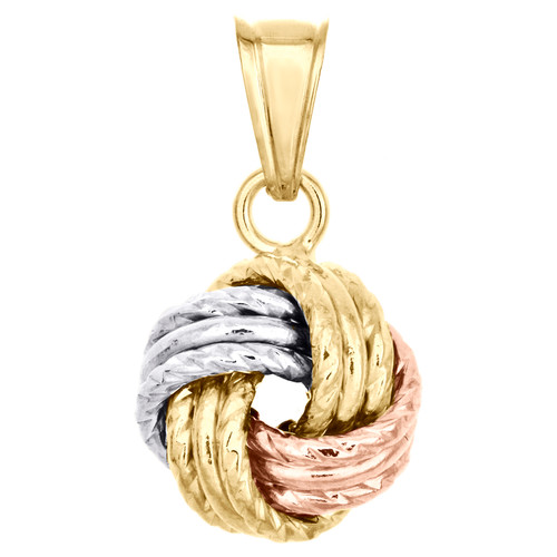 breloque pendentif texturé martelé en or tricolore 14 carats avec nœud d'amour italien fantaisie 0,80"