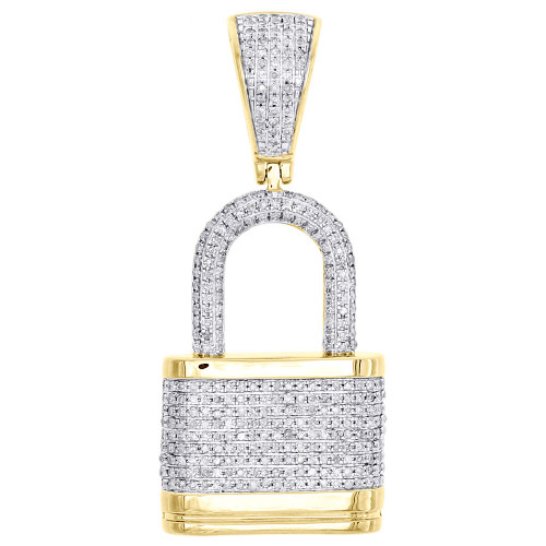 10K Yellow Gold Diamond Pad Lock Diamond Pendant 1.85" Men's Pave Charm 0.82 CT.