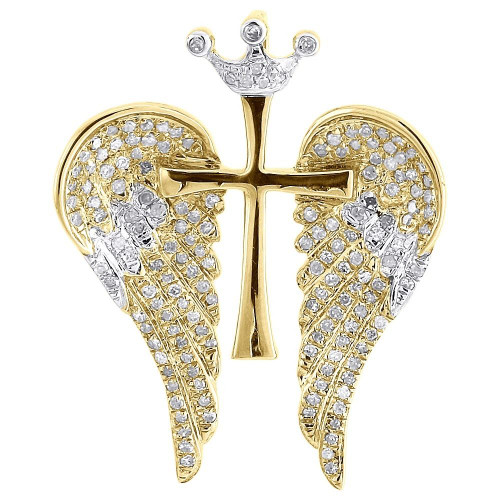 Diamond Cross Wings Pendant Mens 10K Yellow Gold Round Pave Crown Charm 0.38 Tcw