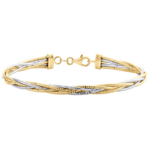 pulsera de hilo de serpiente con corte de diamante trenzado italiano de oro multitono de 14k de 7"