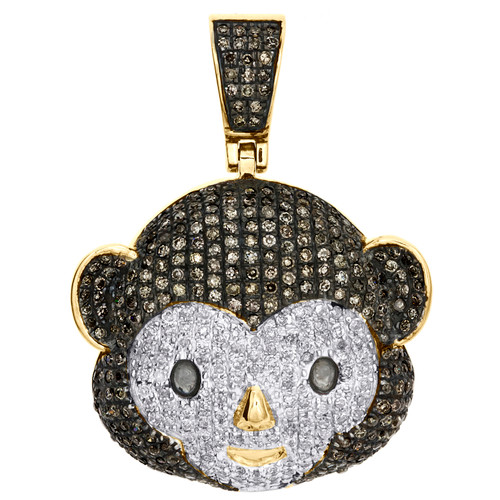 10K Yellow Gold Brown Diamond Monkey Face Emoji Pendant 1.25" Pave Charm 1 CT.