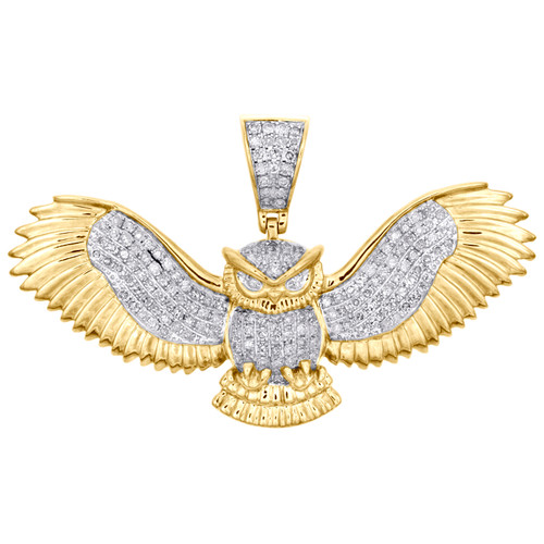 10K Yellow Gold Real Diamond Flying Bird Owl Wings Pendant 1.20" Pave Charm 1 CT