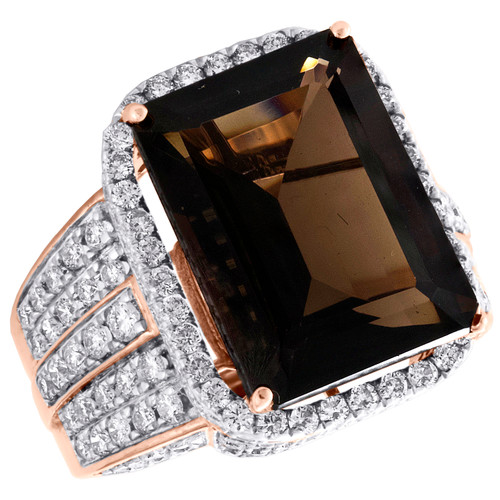 10K Rose Gold Real Diamond & Smoky Quartz Emerald Mens Pave Pinky Ring 2.50 CT.
