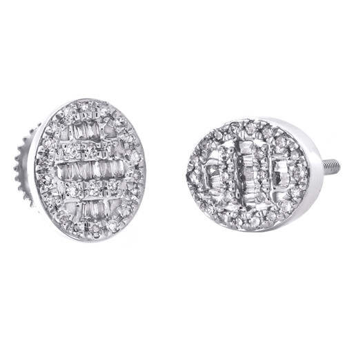 10K White Gold Round & Baguette Diamond Oval Frame Earrings 8.50mm Stud 1/4 CT.